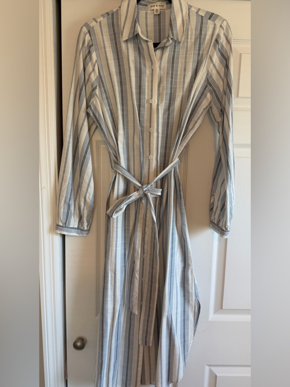 Striped Button-Front Tie-Waist Shirt Dress in Blue and Cream